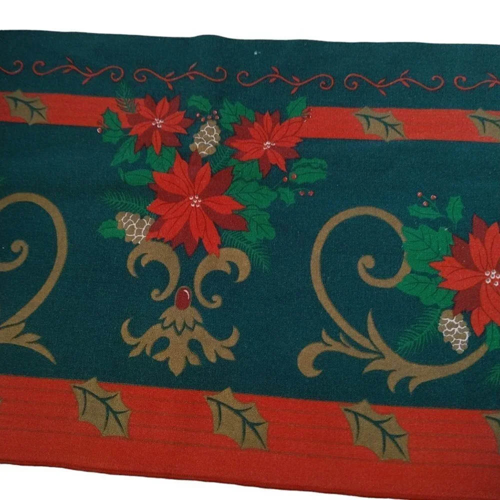 Christmas Tablecloth Rectangular Poinsettia Holly 100% Cotton 60x82 In.